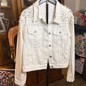 White Denim Jacket Pearl Rhinestone Embellished Women’s Cropped Trucker Glam XL
